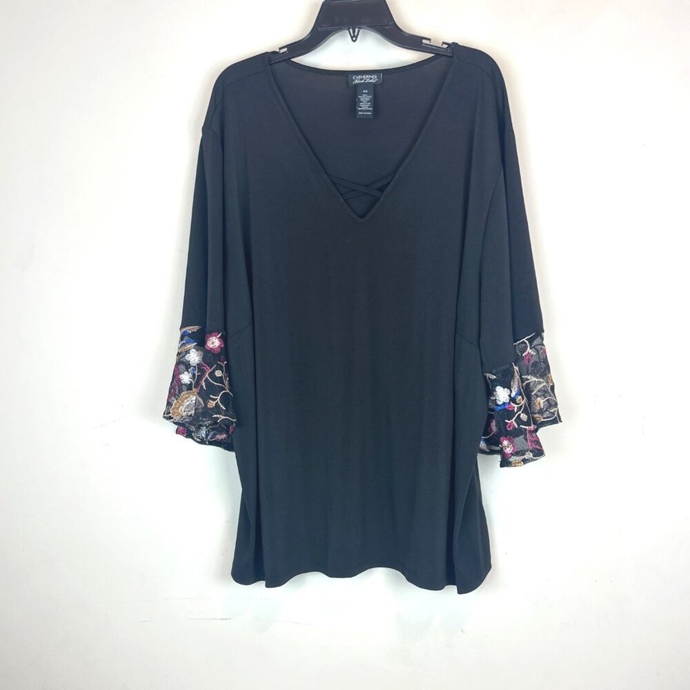 Catherine’s Black Label V-Neck Tunic Top 3/4 sheer floral bell sleeves boho 4X - Picture 3 of 3